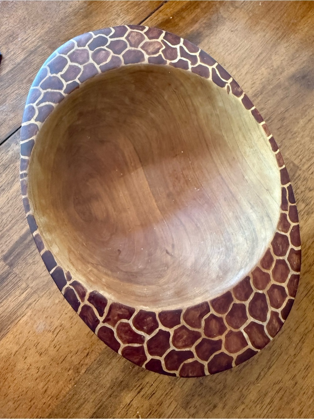 Vintage African Kenya Hand-Carved Muhuhu Wood Bowl Painted Giraffe Brown Beige